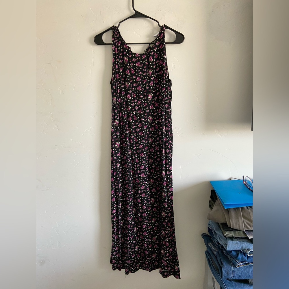 Black Floral Maxi Dress with Pink Accents